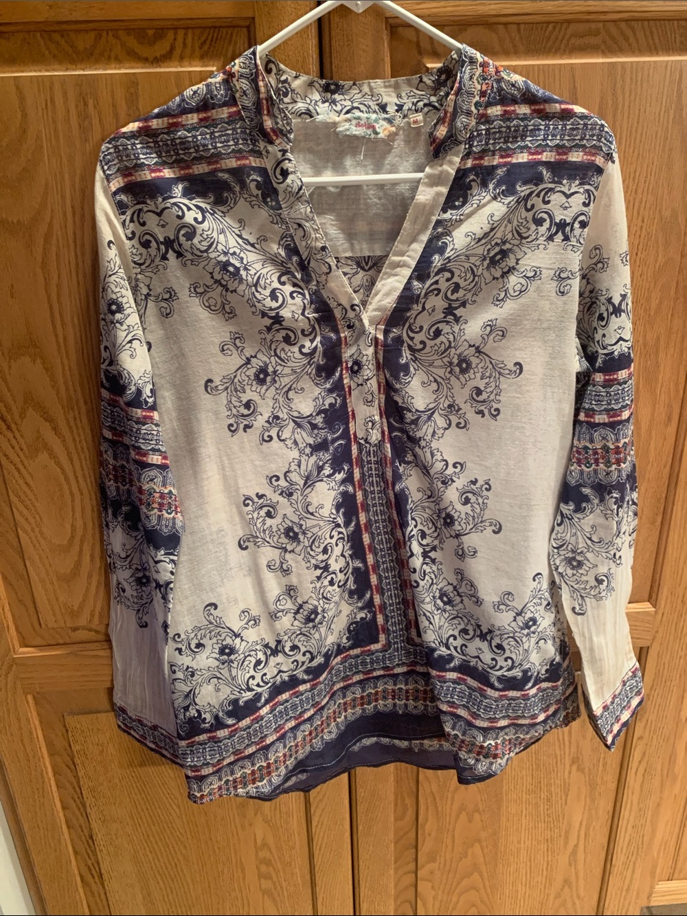 Printed V-Neck Boho Blouse in Cream and Navy